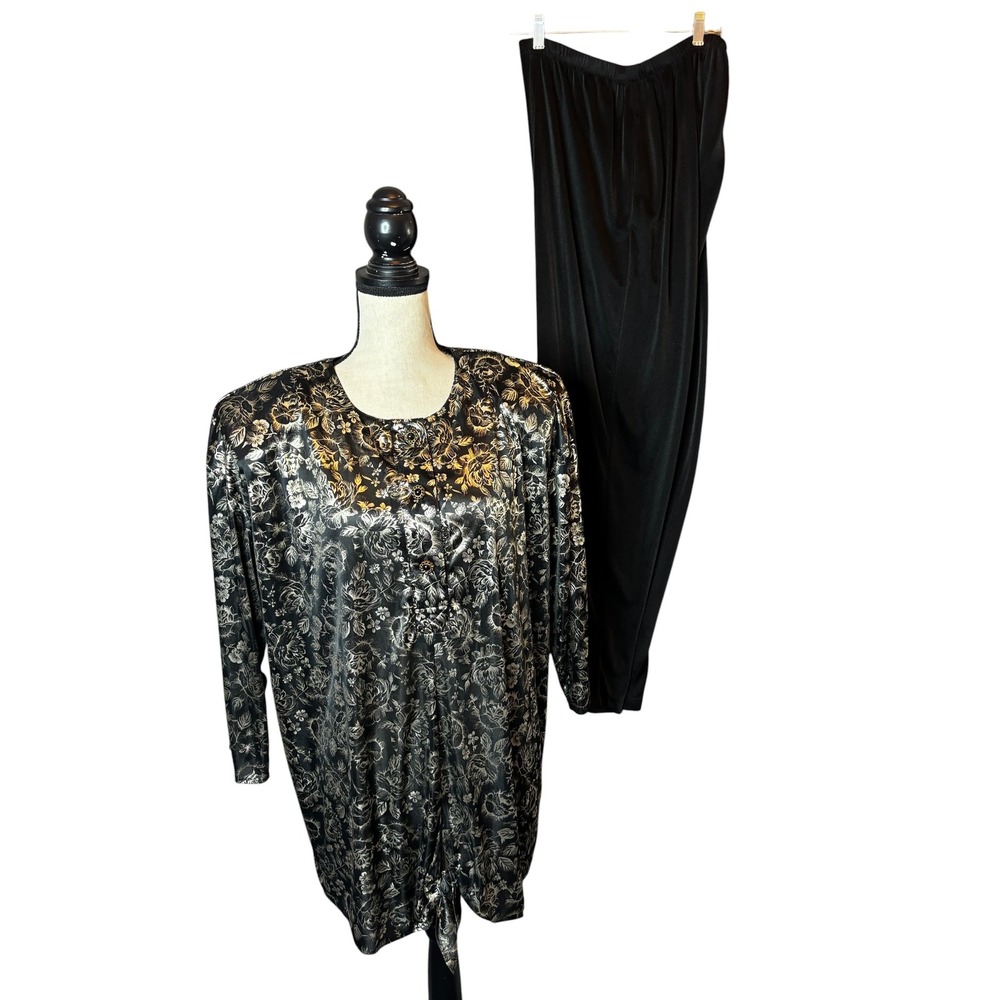 Vintage Gossip Metallic Floral Tunic and Pants Set Black Gold Silver 16W